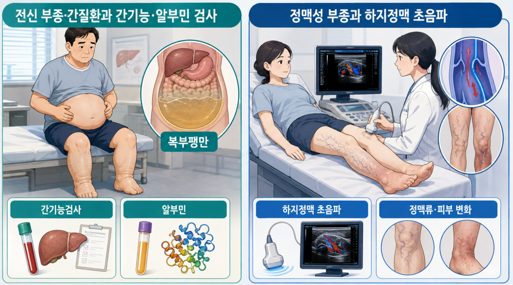 간기능검사와 알부민 검사를 통해 전신 부종과 간질환 관련 가능성을 살펴보고, 하지정맥 초음파로 정맥성 부종과 정맥류&middot;피부 변화를 평가하는 과정을 보여주는 메디컬 인포그래픽