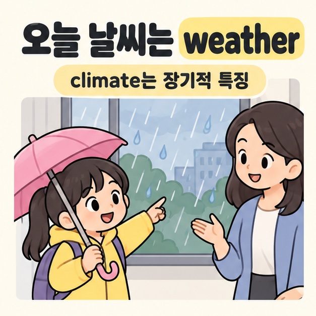 오늘 날씨는 weather 문구 아래 우산을 든 학생이 창밖의 비를 가리키며 교사와 이야기하는 모습