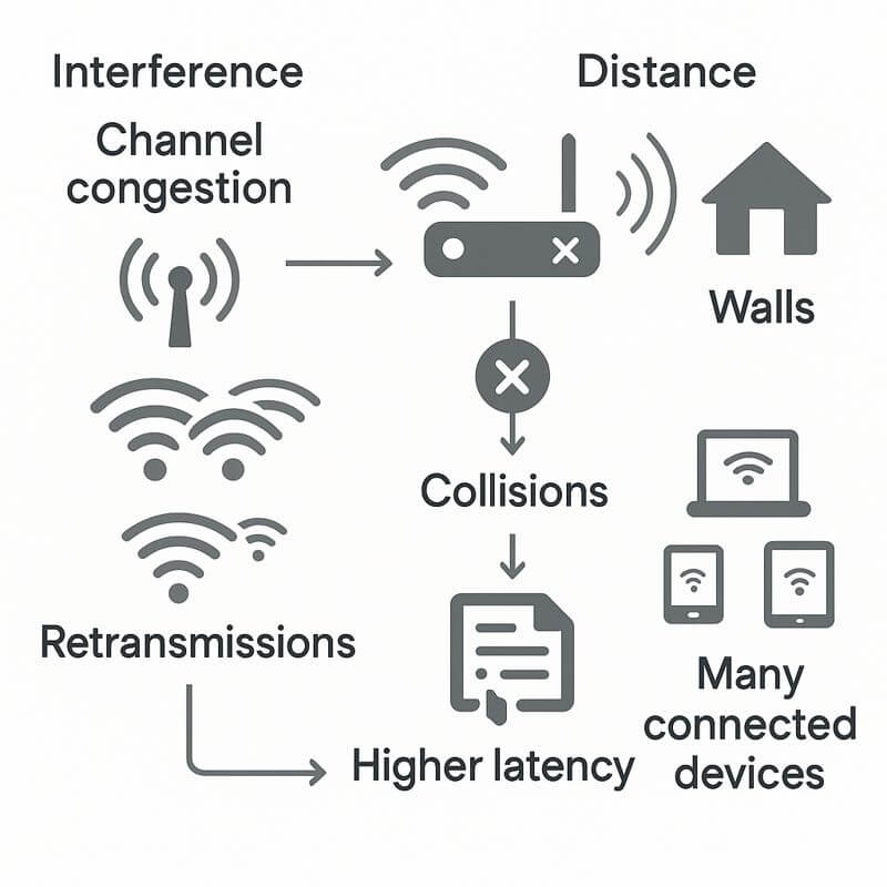 와이파이가 느려지는 원인을 간섭 증가→충돌→재전송→지연/속도저하로 이어지는 흐름과 함께 거리·벽·동시접속 요인을 묶어 보여주는 다이어그램