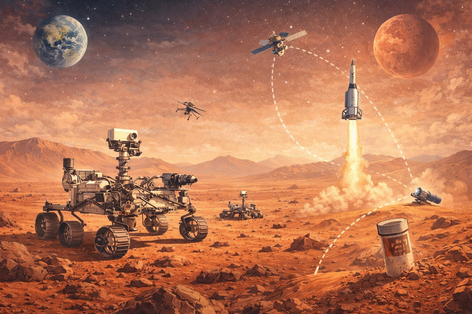 화성 표면에서 로버가 탐사 중인 모습과 샘플 회수를 위한 발사체 및 궤도선이 함께 표현된 화성 탐사 일러스트