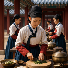 대장금 드라마의 조선시대 수라간에서 궁녀들이 궁중 요리를 만들고 있는 모습