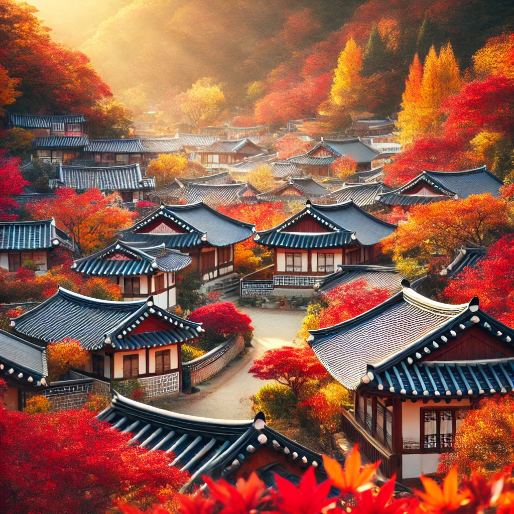 전주 한옥마을 가을 풍경&amp;#44; 붉고 노란 단풍에 둘러싸인 전통 한옥의 평화로운 모습이 빛을 받고 있다.