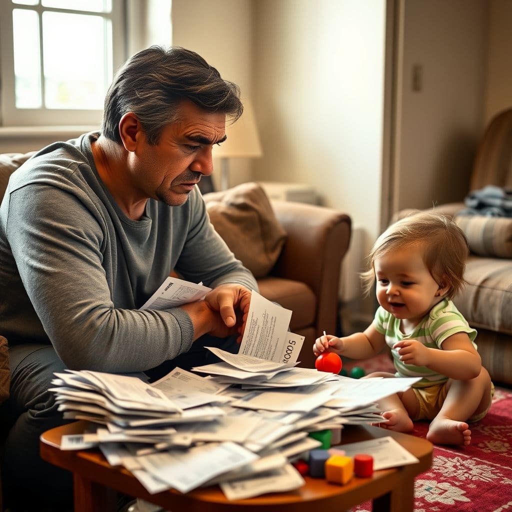 한부모가 자녀를 키우며 경제적인 어려움을 겪는 모습을 시각화합니다. 예를 들어, 쌓여가는 청구서와 걱정스러운 표정의 부모, 그리고 그 옆에서 해맑게 놀고 있는 아이의 대비를 통해 현실적인 고충을 보여줍니다.