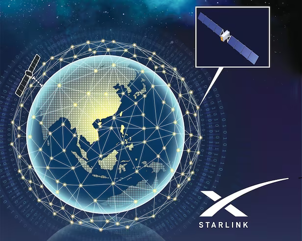 지구 주위에 연결된 인공위성 네트워크망과 그 중 하나를 확대한 이미지. (Starlink 로고와 함께 전 세계를 연결하는 위성 인터넷 시스템을 시각적으로 보여줌)