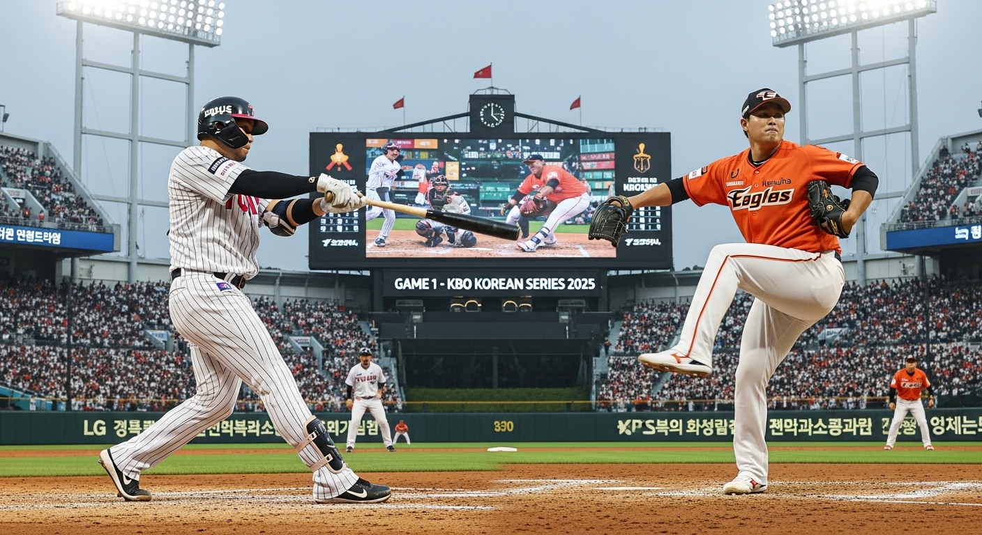 2025년 한국시리즈 1차전, LG 트윈스와 한화 이글스 선수들이 잠실 야구장에서 치열하게 대결하는 역동적인 모습. LG 타자가 한화 투수의 공을 힘껏 치고 있으며, 관중석은 양 팀 팬들의 초록색과 주황색 응원 물결로 가득하다.