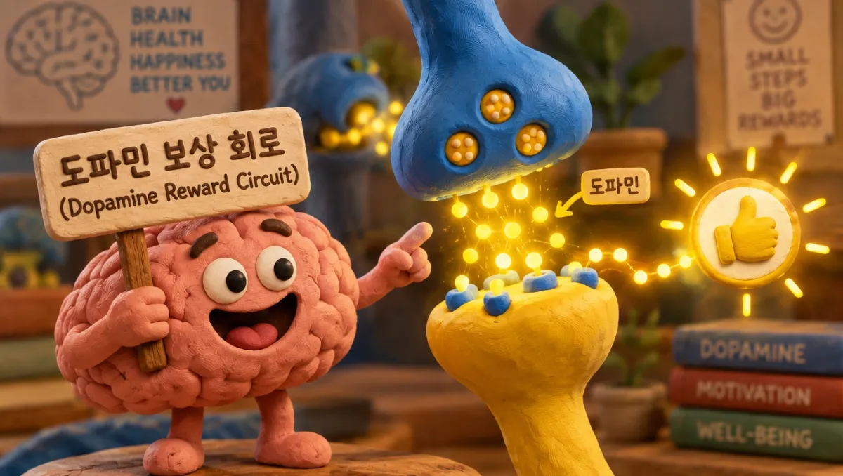 뇌 속 도파민 보상 회로와 신경전달물질의 활성화를 클레이 스톱모션 스타일로 표현한 인포그래픽. 노란색과 파란색 빛이 시냅스 사이로 전달되며 도파민 보상 메커니즘을 시각화