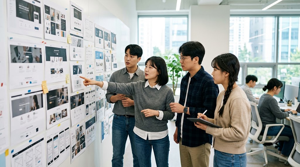 밝은 사무실에서 여러 공공 웹사이트 출력물이 붙은 큰 벽 앞에 모여 토론하는 한국인 팀의 모습.