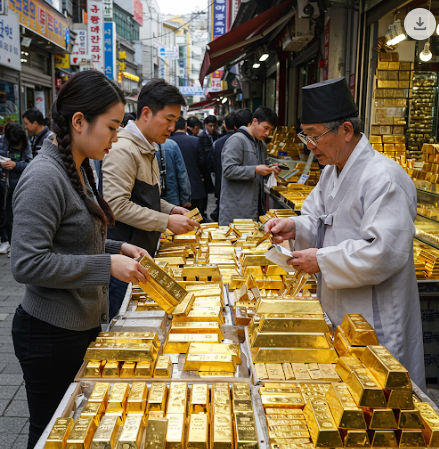 귀금속 거리에서 쌓여있는 골드바를 흥정하고 있는 사람들