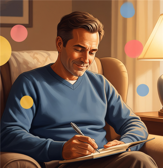 감사일기 쓰고 있는 중년 남성