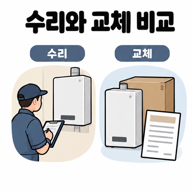 수리와 교체 비교 문구 아래에 기존 보일러의 점검 내용을 확인하는 기사와 포장 상자 옆 새 보일러 및 견적 문서를 비교한 그림