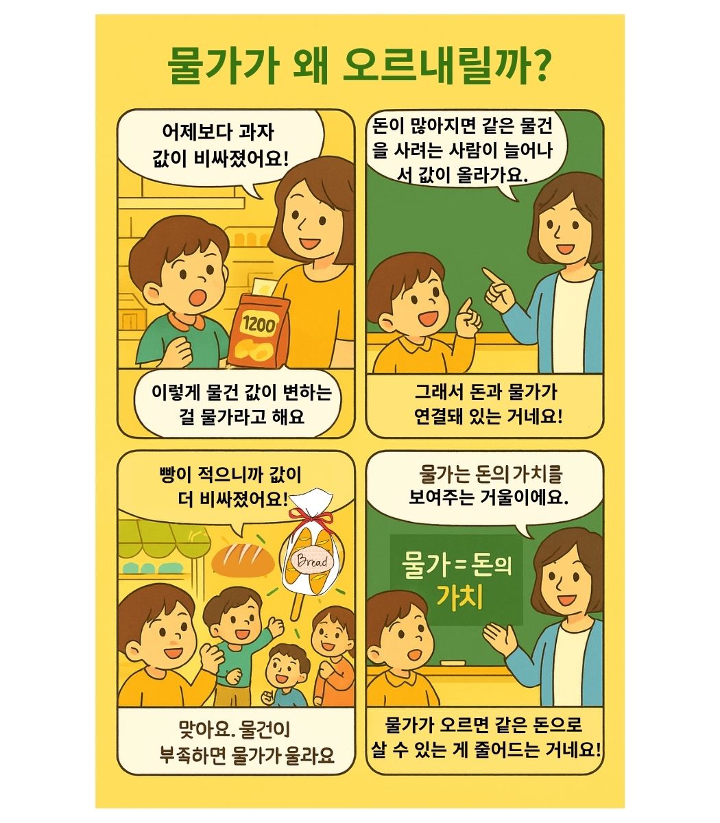 어린이가 마트에서 과자 값이 오르는 것을 보고 물가를 배우며 돈이 많아질 때와 물건이 부족할 때 물가가 오르고 물가는 돈의 가치를 보여준다는 것을 이해하는 4컷 경제 교육 만화