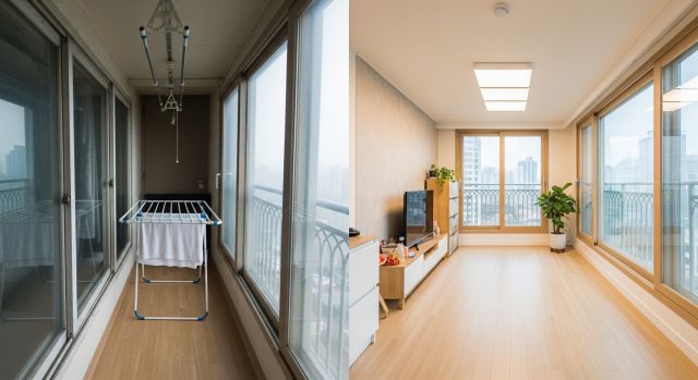베란다 확장 리모델링 전후 비교와 합법 여부를 고민하는 아파트 실내 모습