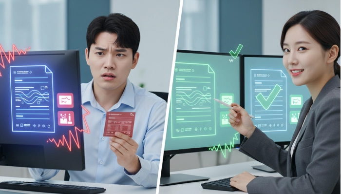 전자세금계산서와 은행 이체 내역 불일치(좌) 및 정확한 일치(우)를 비교하며 증빙을 확인하는 한국인 직장인.