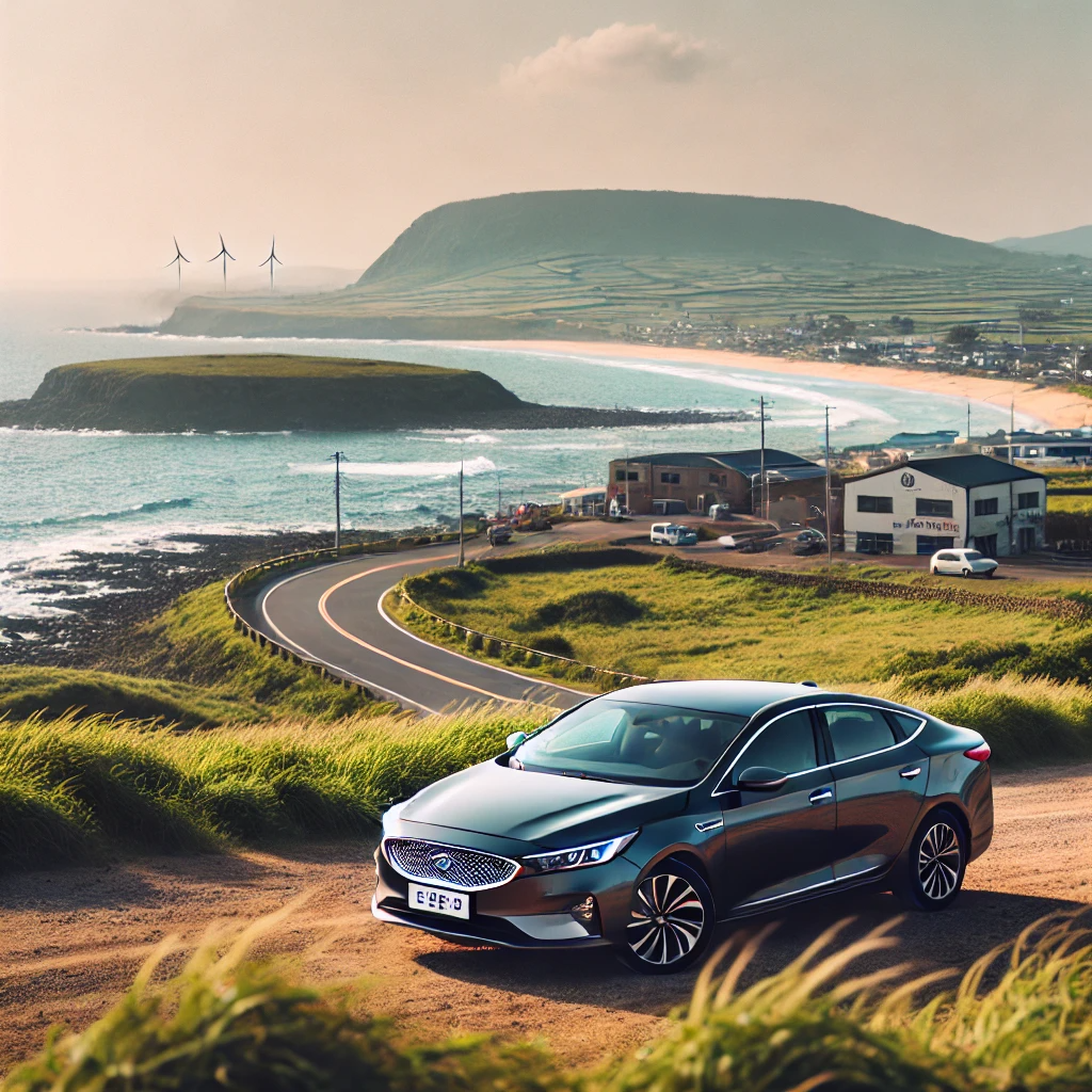 제주도 해안과 푸른 언덕을 배경으로 한 현대적인 렌트카
