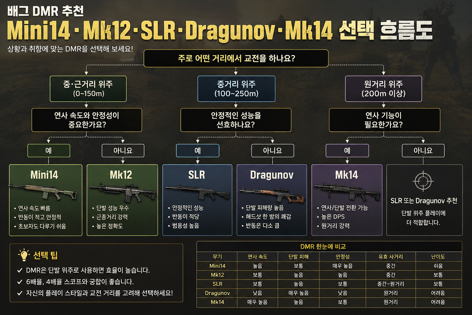 배그 DMR 추천 Mini14 Mk12 SLR Dragunov Mk14 선택 방법