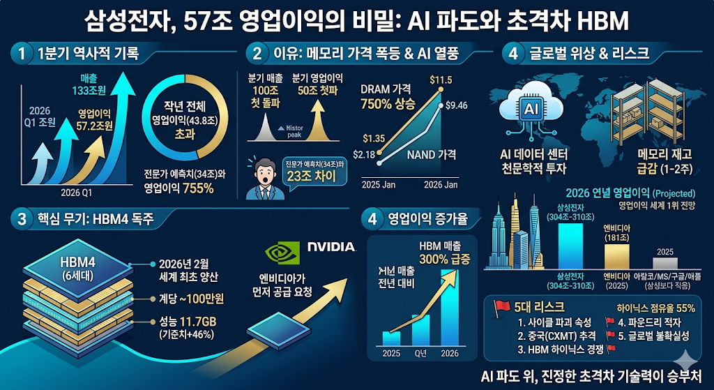 삼성전자의 2026년 1분기 역대급 실적 분석 인포그래픽. 영업이익 57.2조 원 달성, HBM4 세계 최초 양산, 엔비디아 공급 요청 등 AI 반도체 시장에서의 초격차 기술력과 실적 지표를 상세히 보여주는 차트 모음.
