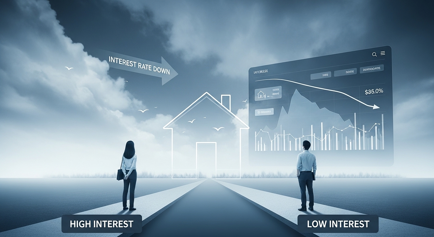 금리 인하 시그널과 함께 주택담보대출 갈아타기를 고민하는 사람의 모습, 선택의 기로에 선 이미지가 불안감과 기대를 동시에 표현합니다.