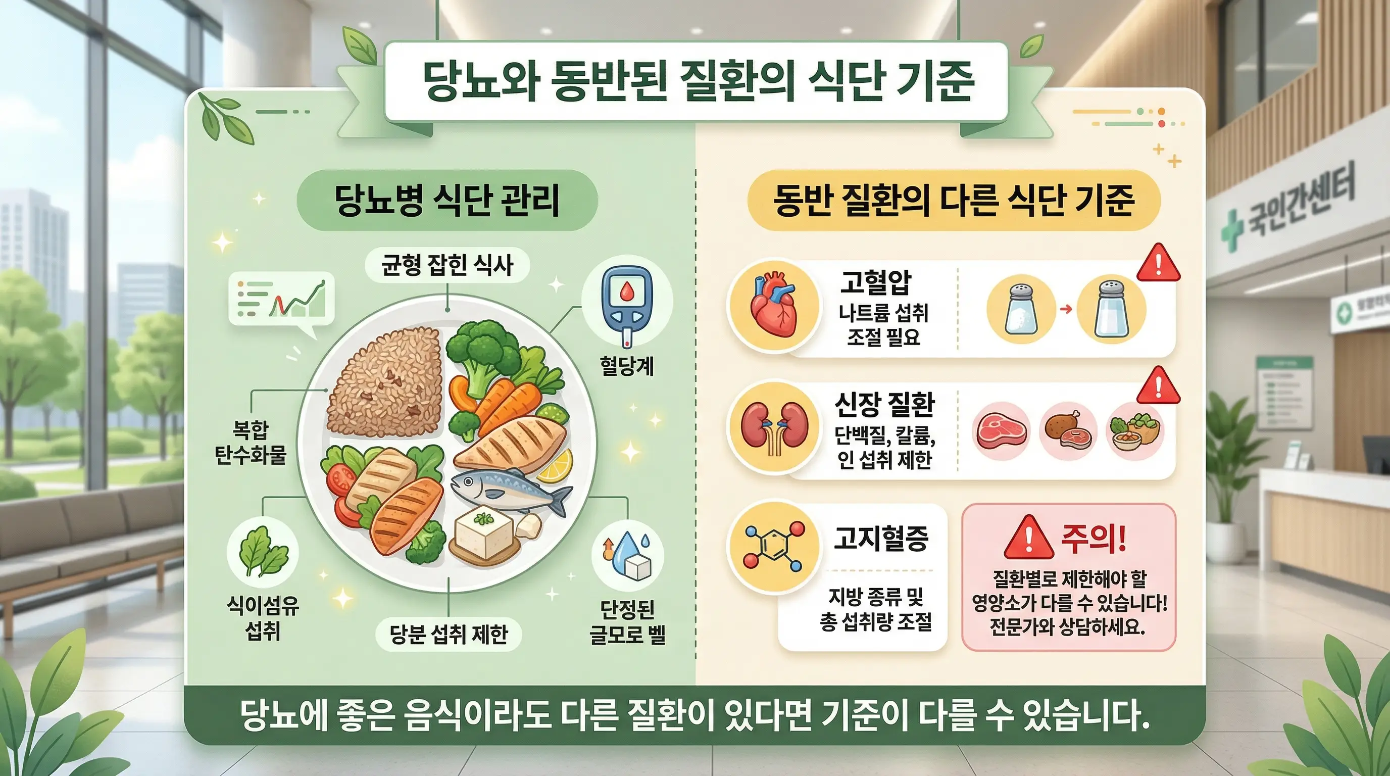 당뇨병 식단과 다른 질환 식단은 기준이 달라질 수 있음을 보여주는 설명 이미지