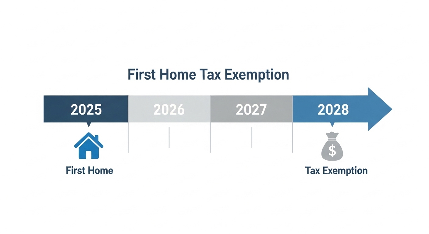 생애최초 주택 취득세 감면 혜택이 2025년에서 2028년으로 연장됨을 보여주는 인포그래픽.