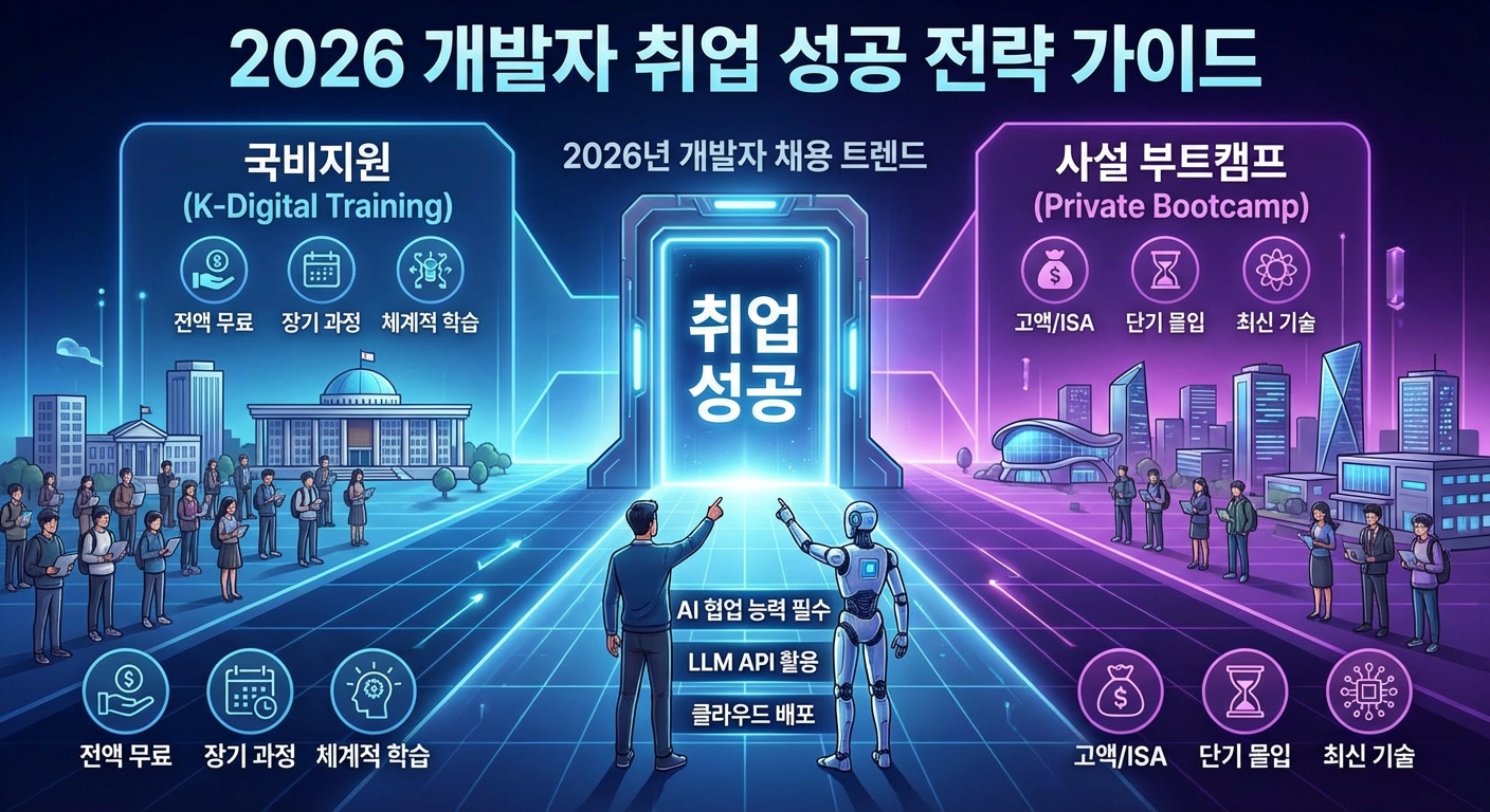 2026년 개발자 취업 성공 전략 가이드 썸네일. 국비지원(K-Digital Training)과 사설 부트캠프의 장단점을 비교하고, AI 협업 능력, LLM API 활용, 클라우드 배포 등 취업 성공을 위한 핵심 요소를 시각화한 인포그래픽입니다.