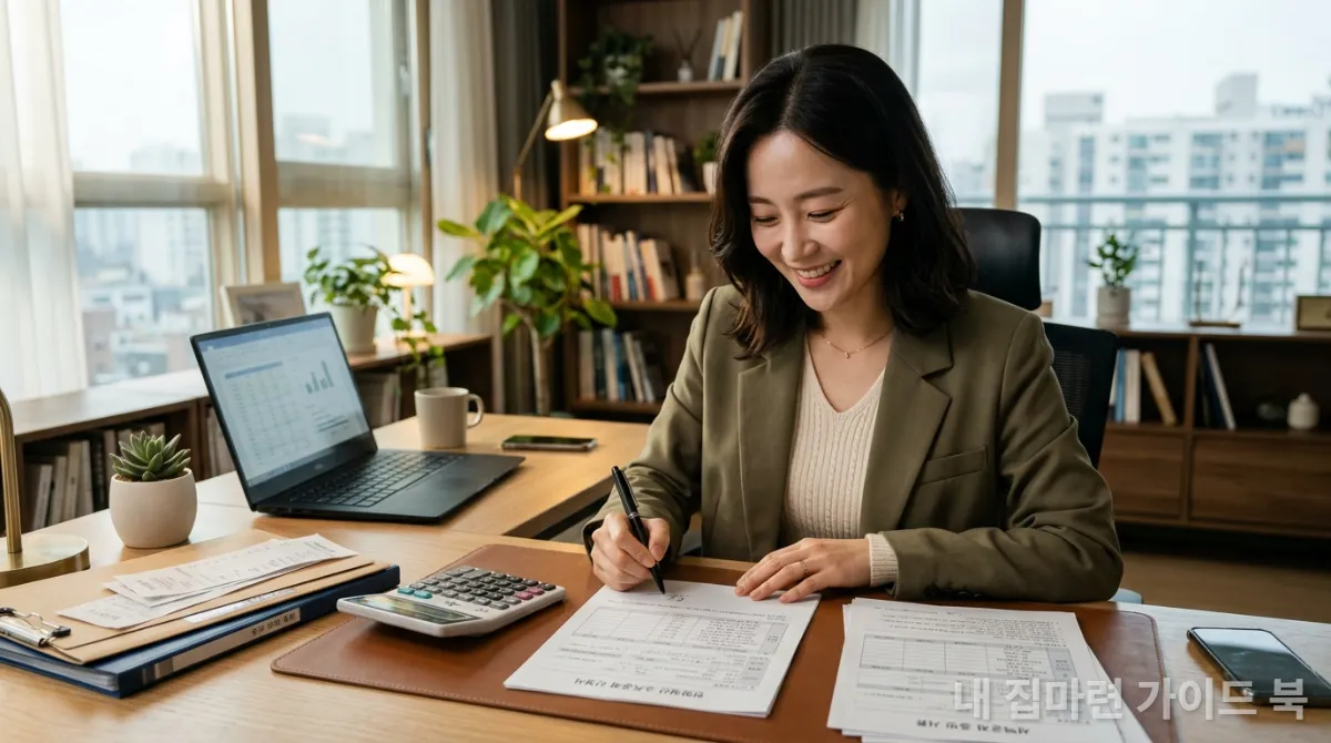 세금 혜택 서류에 서명하는 젊은 한국인 직장인