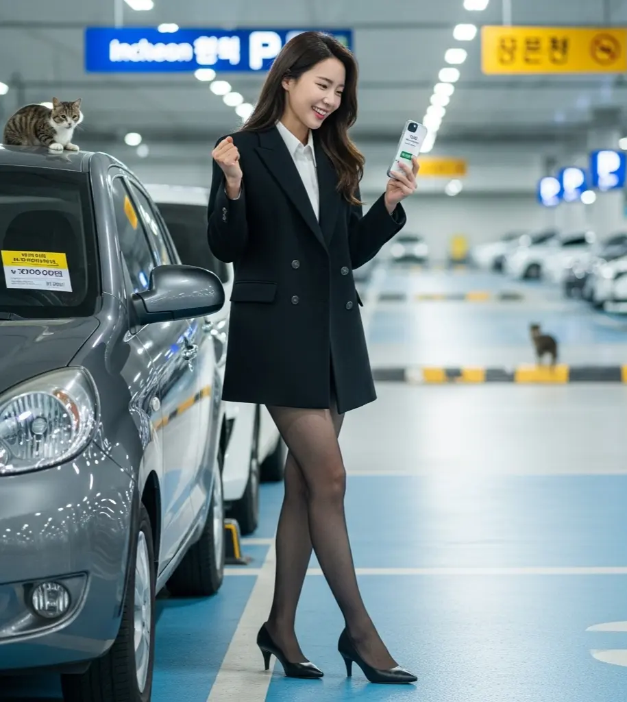 인천공항 장기주차장 최신가이드를 발견하고 미소짓는 여성 여행자