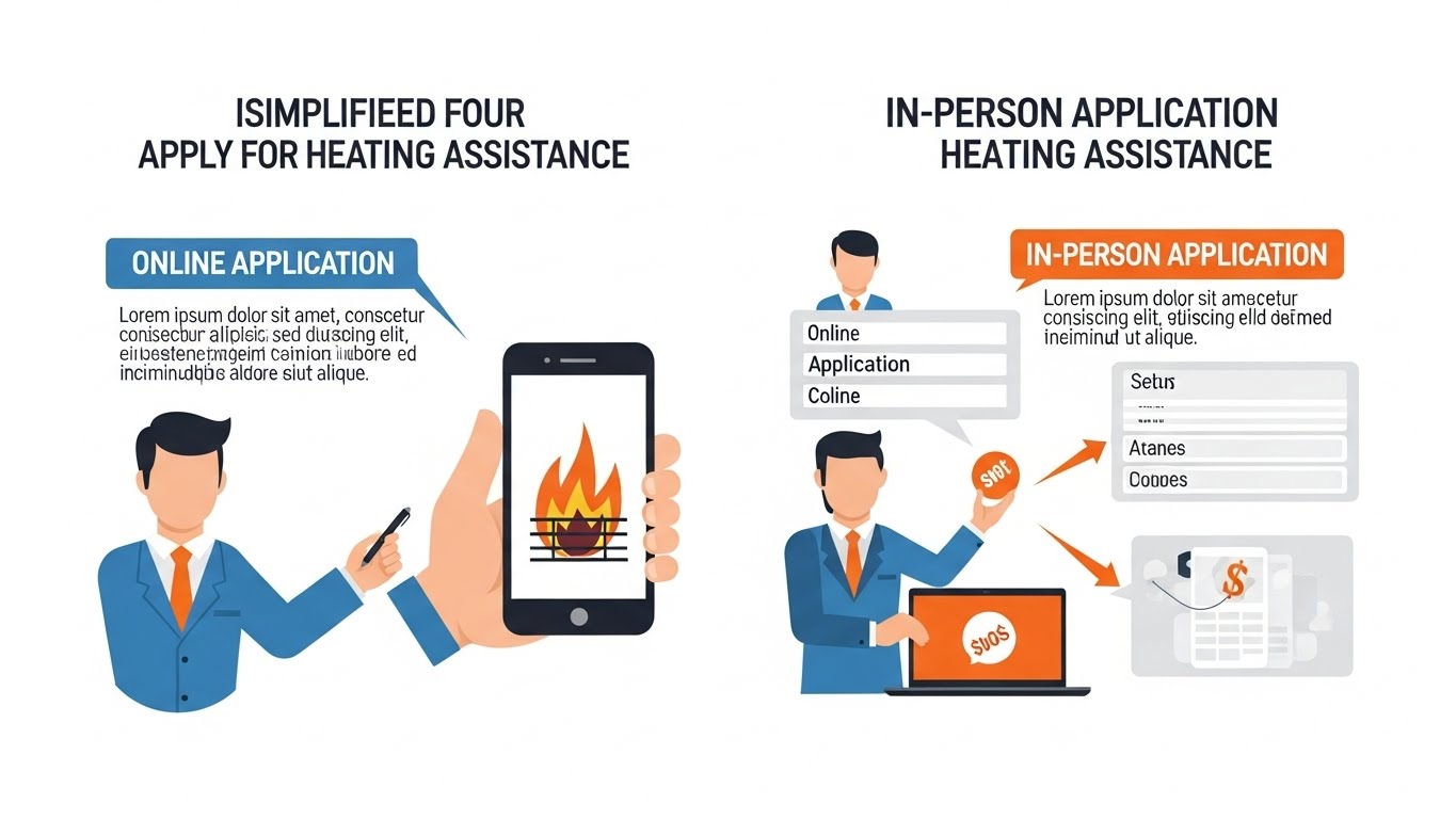 온라인과 주민센터 방문 신청 아이콘을 통해 간소화된 2026년 난방비 지원 신청 절차를 보여주는 깔끔한 인포그래픽.