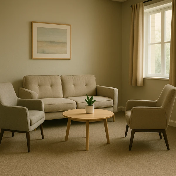 정신과 상담실 내부 모습, 따뜻한 색감의 조용하고 아늑한 환경 속에서 1:1 대화가 이루어질 수 있는 소파와 의자가 있는 편안한 공간