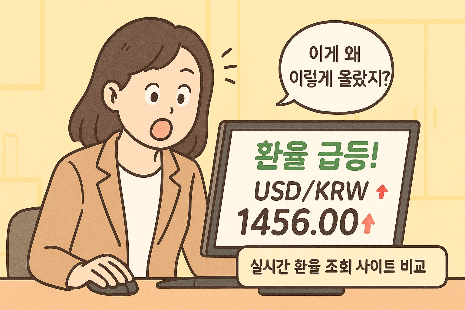 실시간 환율 조회, ChatGPT 이미지 만들기 프롬프트 무료 제공, 모니터 속 환율이 급등하며 ‘USD/KRW 1,456.00↑’ 표시, 여성 캐릭터는 놀란 표정