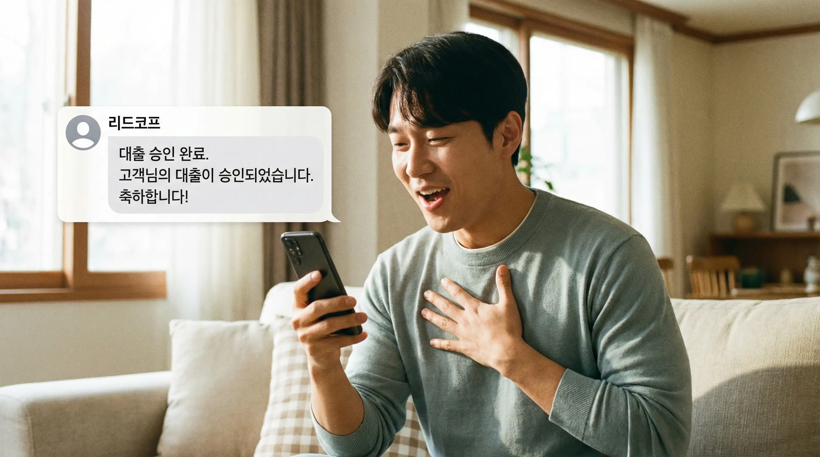 스마트폰으로 리드코프 대출 승인 메시지를 확인하고 안도하는 사용자의 모습