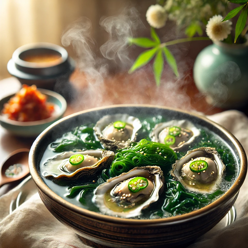 A steaming bowl of Maesaengi Oyster Soup, a traditional Korean winter dish made with fresh oysters and vibrant green seaweed in a clear broth, garnished with sesame seeds and green chili slices