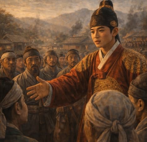 1592년 임진왜란 중 시골 마을에서 17-18세 광해 세자가 백성들과 의병 사이에 서서 그들을 격려하고 있다. 왕실 복장을 입었지만 여행과 고난의 흔적이 역력하며, 백성과 같은 높이에서 손을 내밀며 대화하고 있다. 선조 임금은 의주까지 피난 갔지만 서자 출신인 광해 세자는 전선 근처에 남아 백성과 함께 싸우며 분조를 이끌었다. 이 7년간의 헌신이 백성의 두터운 신망을 가져왔고, 1606년 적자 영창대군이 태어났지만 광해가 세자 자리를 지킬 수 있었던 결정적 이유가 되었다. 서자라는 약점을 전쟁 공로로 극복한 광해군의 역사적 순간