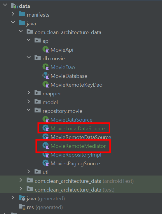 MovieLocalDataSource와 MovieRemoteMediator를 추가한 모습