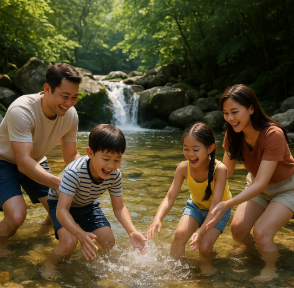 계곡에서 물놀이하며 즐거워하는 가족 모습