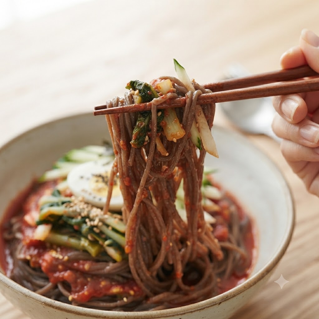 A close-up shot of chopsticks picking up appetizing buckwheat soba noodles tossed in a spicy-tangy sauce and Yeolmu kimchi. The bowl below shows bibim guksu moistened with sauce and garnished with an egg and cucumber slices.