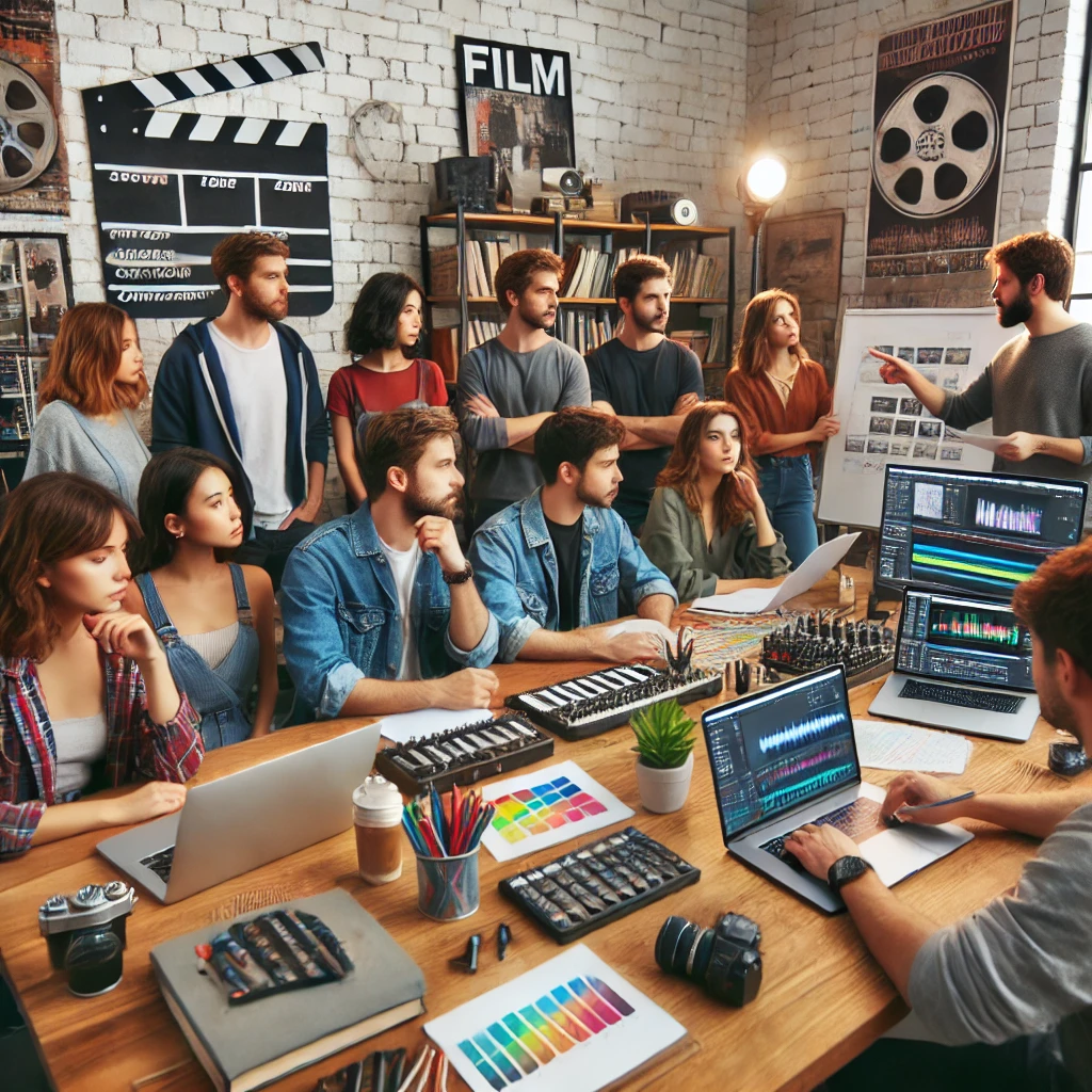 사람들이 영화 감독이 되기 위해서 공부를 하고 있는 사진