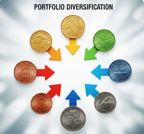 다양한 금융 자산(주식, 채권, 원자재)을 상징하는 동전들이 각각 다른 방향을 가리키는 화살표와 함께 원형으로 배열되어 있는 모습. 이는 포트폴리오 분산을 의미