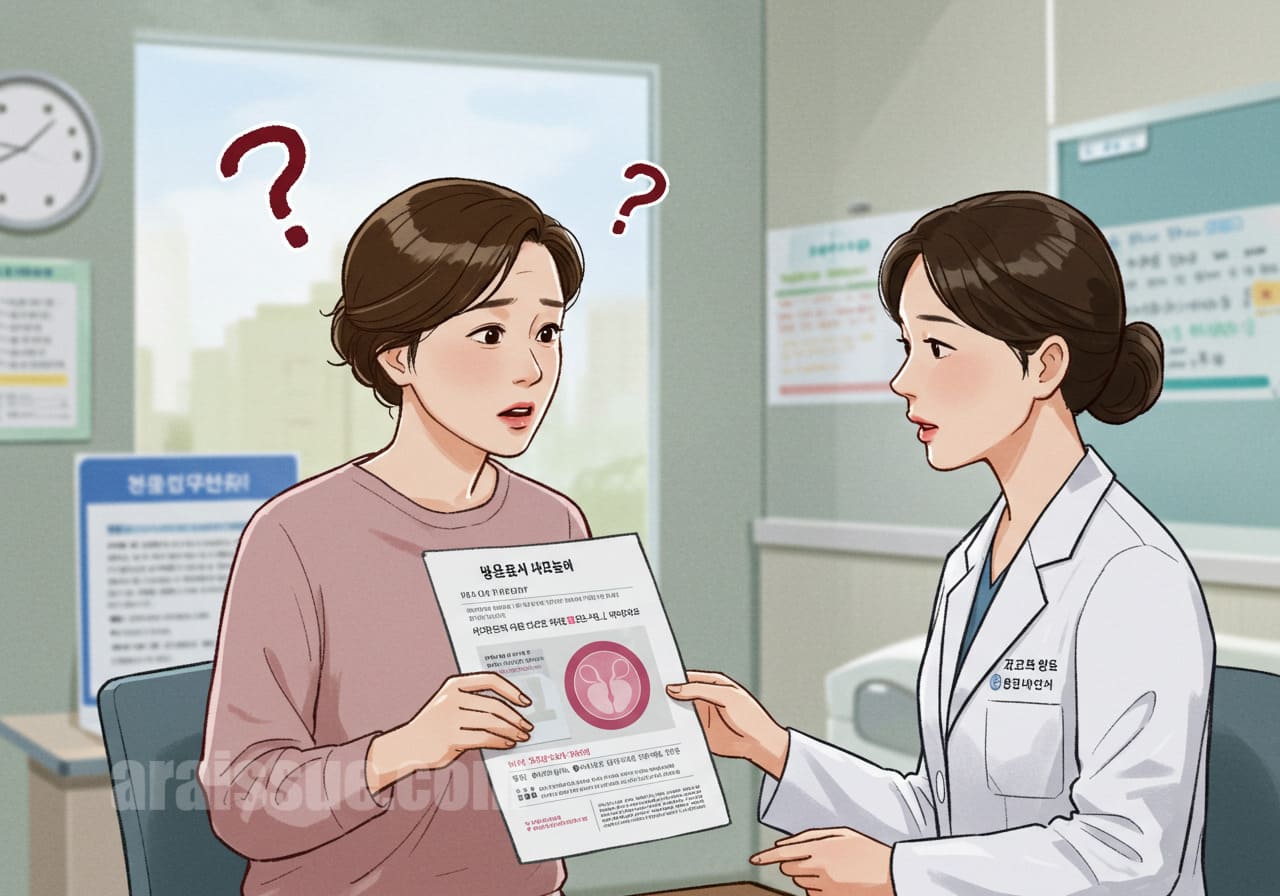 40대 초반 한국 여성이 건강검진에서 자궁초음파가 누락된 항목을 보고 의사에게 질문하고 있는 장면입니다.