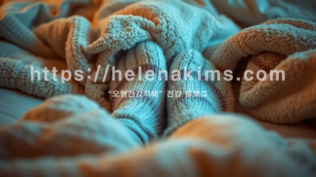 따뜻한 분위기의 침대, 부드러운 조명 아래 포근한 수면양말을 신은 발이 이불 속에서 편안히 휴식하는 모습, 건강한 숙면과 아늑함을 연상시키는 평화로운 이미지.