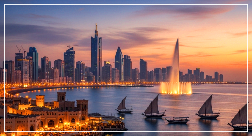 석양이 지는 제다의 아름다운 풍경. 고층빌딩과 분수와 요트들.