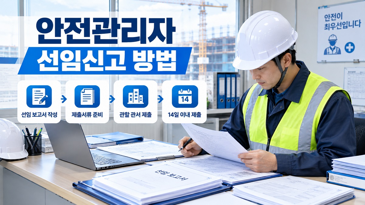 안전관리자 선임과 해임 후 14일 이내에 관할 지방고용노동관서에 보고해야 한다는 점을 정리한 인포그래픽