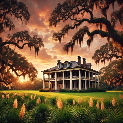 미국 남북전쟁 시대의 남부 농장 풍경, 대저택과 스페인 이끼로 덮인 나무들이 황혼의 빛에 물든 모습