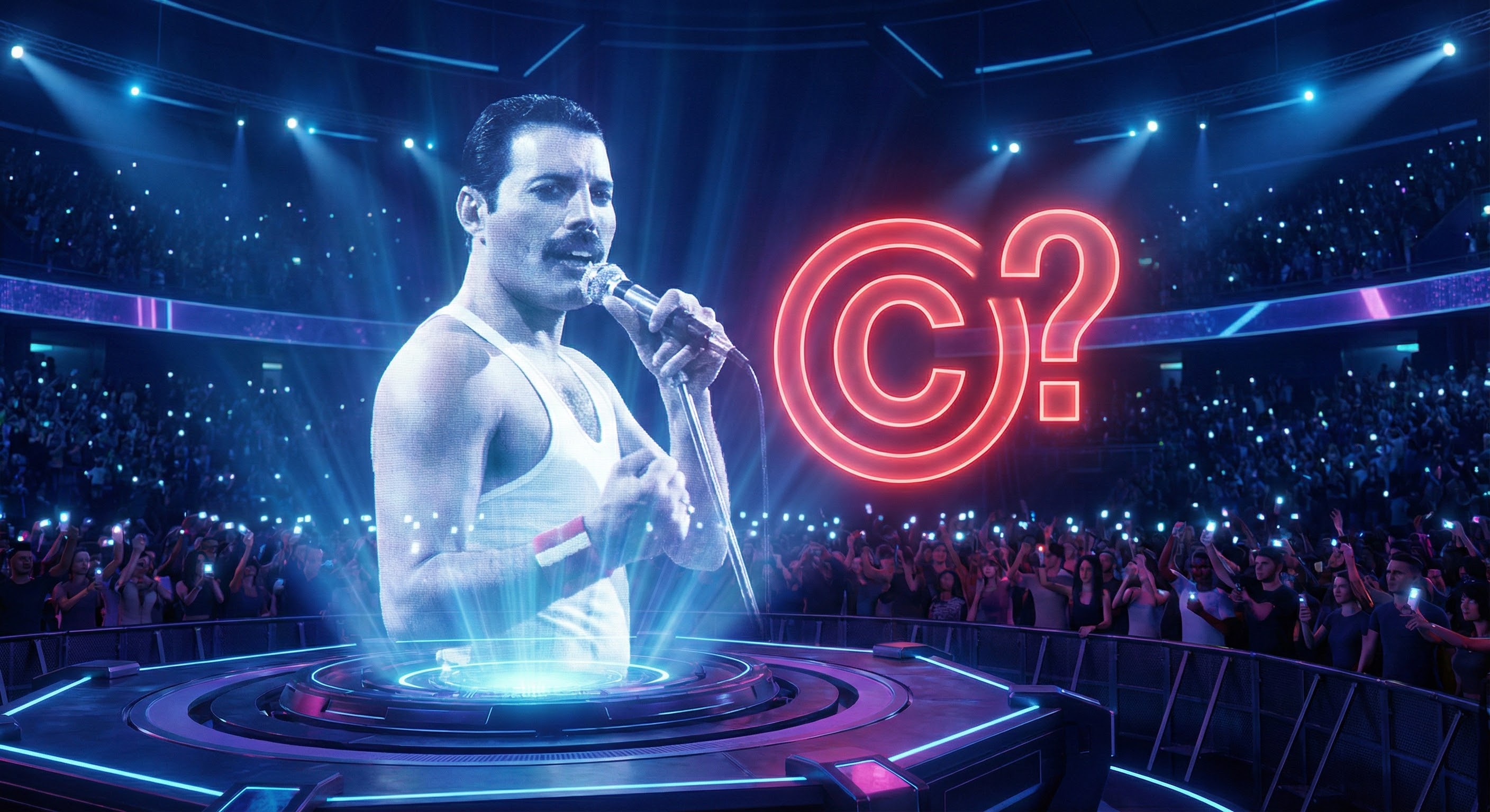 AI가 만들어낸 가상의 가수가 무대에서 공연하는 모습과 이를 둘러싼 저작권 논쟁을 상징하는 이미지