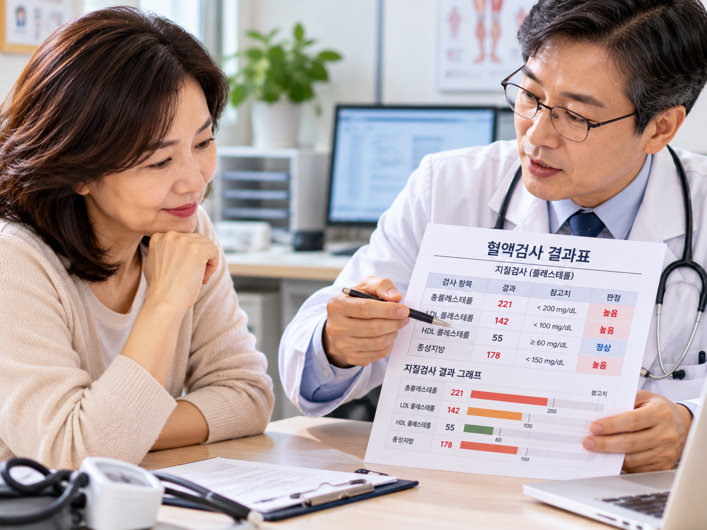 콜레스테롤 검사 결과를 의료진과 상담하는 중년 성인