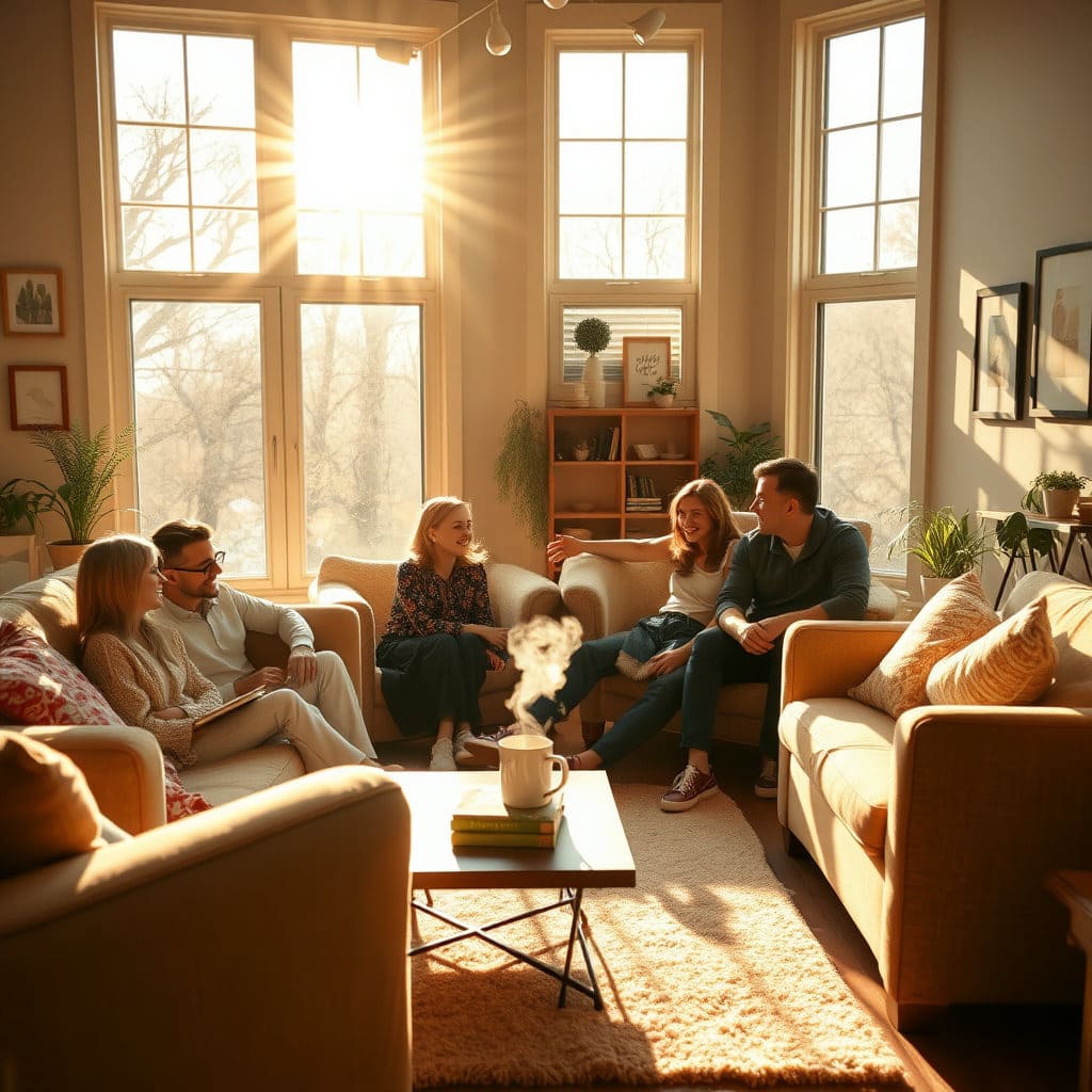 따뜻한 햇살이 들어오는 거실에서 가족이 편안하게 웃으며 대화하거나 휴식을 취하는 모습을 그려주세요. 전체적으로 아늑하고 평화로운 분위기를 강조하며, '우리 집'이라는 느낌이 잘 드러나도록 연출