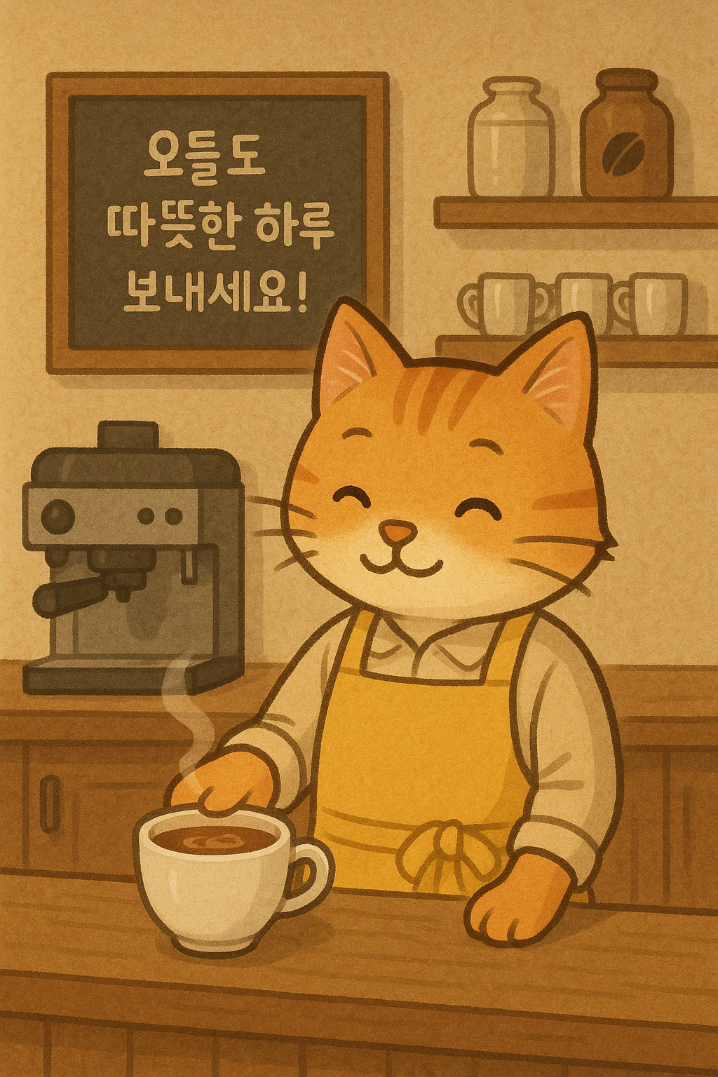미야오는 노란 앞치마를 두르고 커피를 내리며 말했다. &amp;#39;오늘도 따뜻한 하루 보내세요