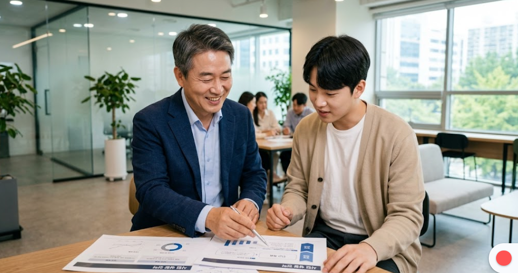 남성 멘토가 후배에게 계획서 피드백을 주며 웃고 있는 모습