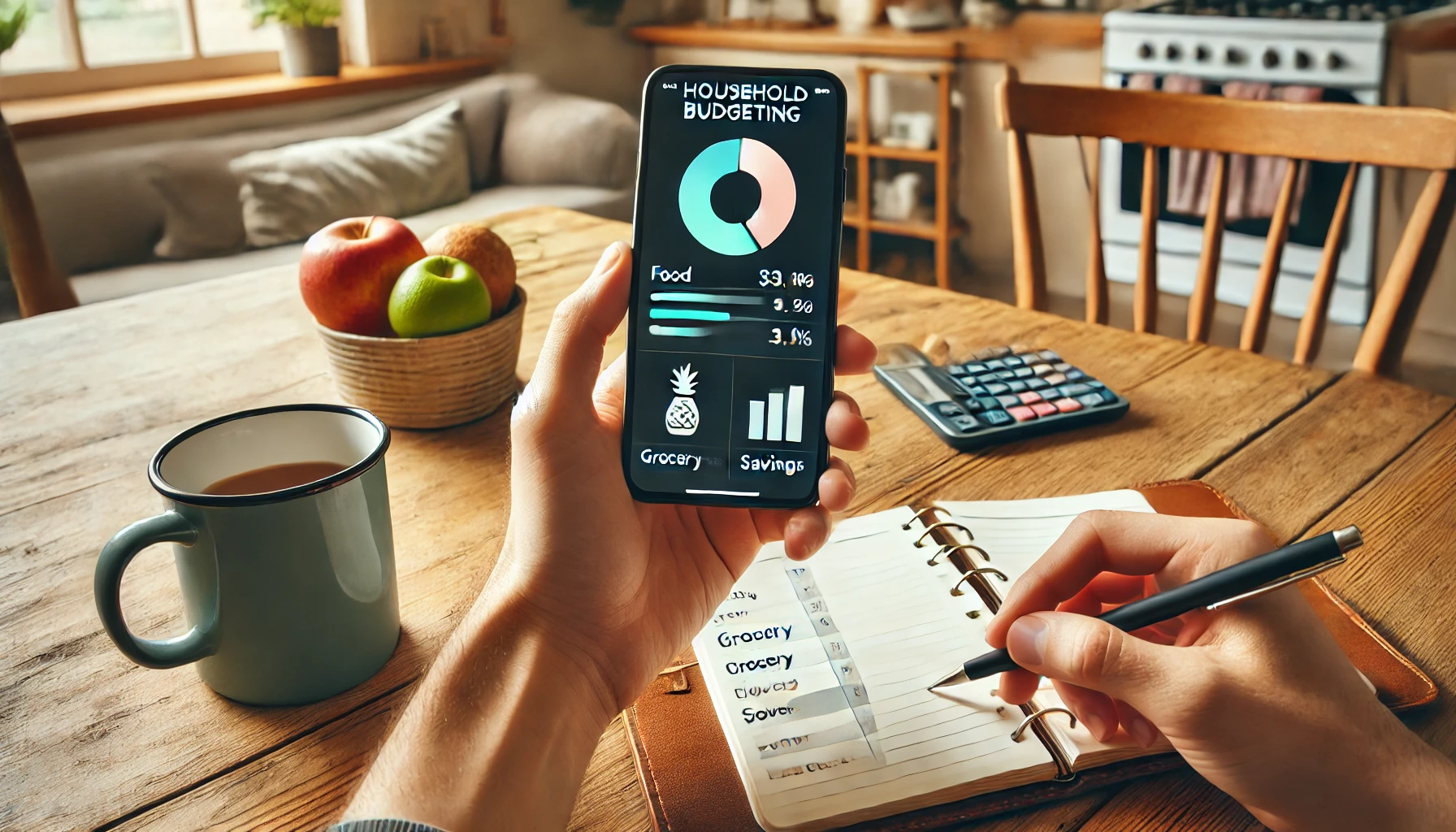 주부가 스마트폰으로 가계부 앱을 확인 중. 옆에는 커피잔과 가계부 노트가 함께 배치된 모습