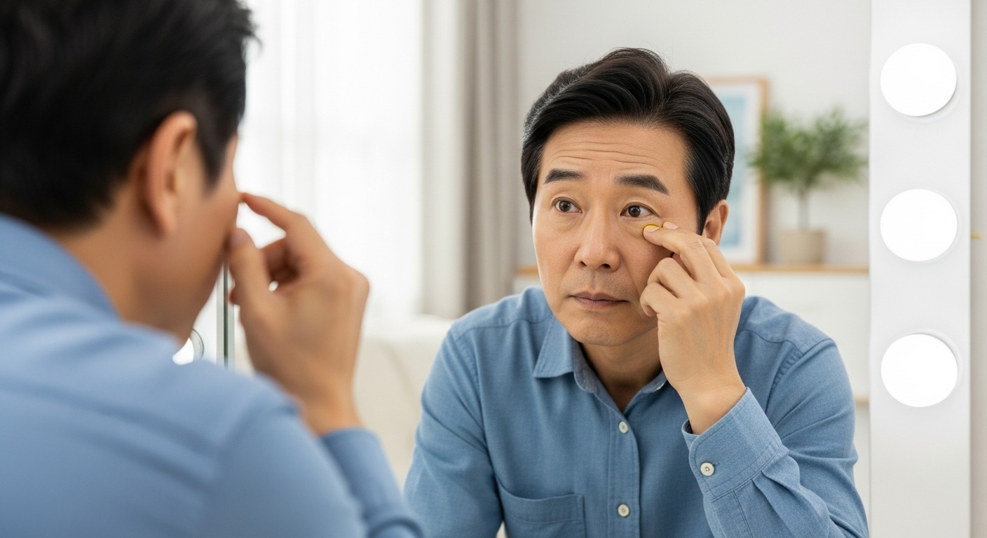 눈가에 황색종을 살펴보는 한국 중년 남성