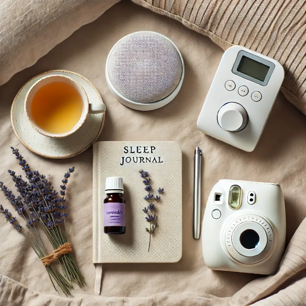 숙면을 돕는 라벤더 오일, 화이트노이즈 기기, 허브차 등이 놓인 스튜디오컷